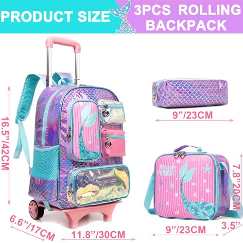 Meetbelify Mermaid Rolling Backpack for Girls Backpack with Wheels for Elementary Student Kids School Bag with Lunch Box Pencil Case for Girls Ages 6-8 Years Old - Image 2