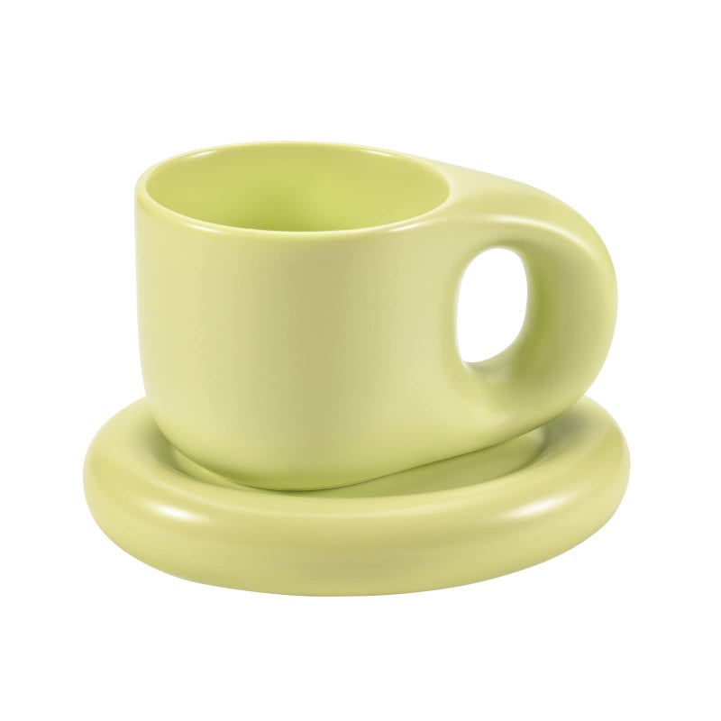 Koythin Ceramic Coffee Chubby Mug Saucer Set Creative Cute Fat Handle Cup with Saucer for Office and Home Dishwasher and Microwave Safe 10 oz for Latte Tea Milk Green
