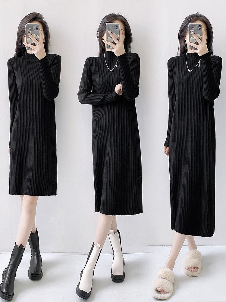 Knitted dress for women's autumn and winter knee-length semi-turtleneck base shirt, loose inner sweater skirt with coat - Image 1
