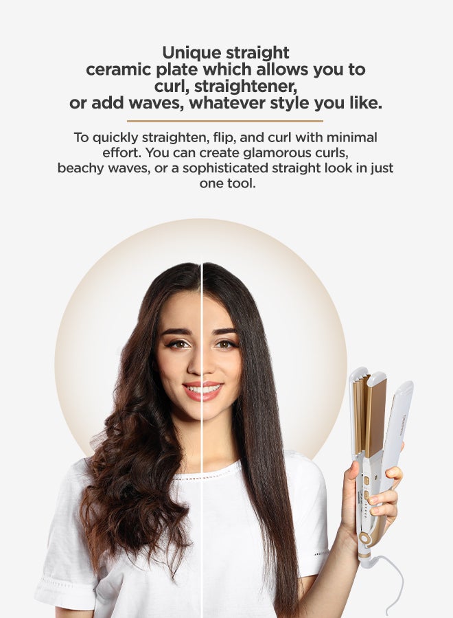 GEEPAS 2 In 1 Ceramic Hair Straightener Auto Adjustable Temperature And 360 Degree Swivel Cord White/Brown 500grams - Image 2
