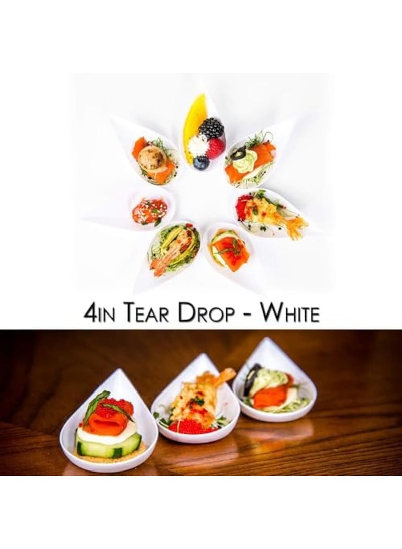 Luckam 100-Pack 4" Tear Drop Mini Appetizer Plates - Elegant Reusable Plastic Dessert Serving Dishes for Catering, Parties & Events - Small Tasting Cups for Canapés, Sushi & Desserts (White) - Image 4