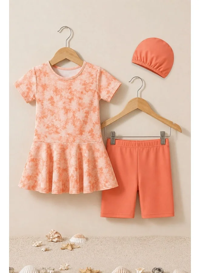 zuzunga Girl's Orange Palm-Pattern Swimsuit Set.