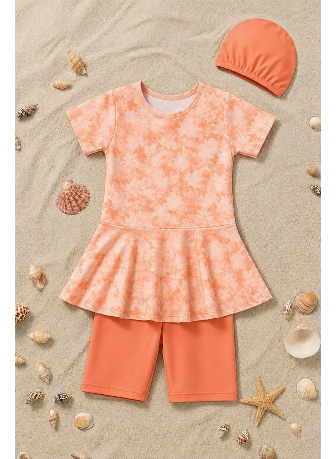 zuzunga Girl's Orange Palm-Pattern Swimsuit Set.