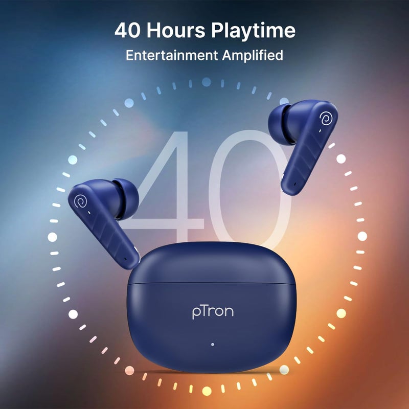 PTron سماعات أذن Bassbuds Spark اللاسلكية بتقنية TWS مع صوت ستيريو، 40 ساعة من وقت التشغيل، مكالمات ستيريو، سماعات بلوتوث V5.3 مع اقتران سريع، تحكم باللمس، مساعد صوتي، شحن Type C ومقاومة للماء IPX5 (أزرق) - Image 3