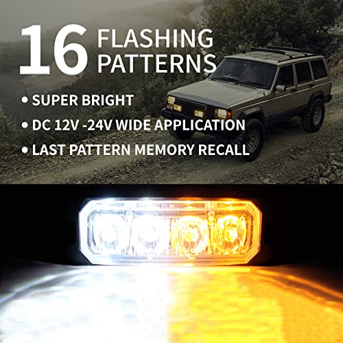 FXC ضوء فلاش ستروب LED 4-LED أبيض/كهرماني مقاوم للماء إشارة طوارئ، شريط تحذير Purishion 16 نمط وميض للسيارات SUV شاحنة بيك أب فان مركبة POV (عبوة 2)(4LED أبيض/كهرماني) - Image 2