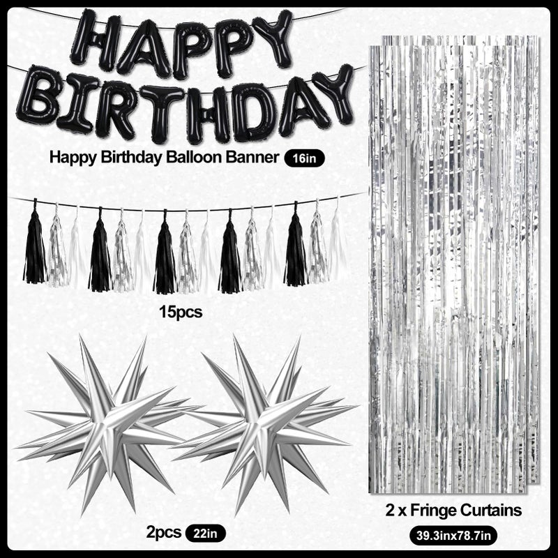 REDWORD Black Birthday Decorations, Black and Silver Birthday Decorations for Men Women Girls Including HAPPY BIRTHDAY Balloons Banner Foil and Latex Balloons Silver Fringe Curtains Tassels Garland - Image 2
