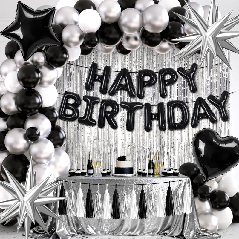REDWORD Black Birthday Decorations, Black and Silver Birthday Decorations for Men Women Girls Including HAPPY BIRTHDAY Balloons Banner Foil and Latex Balloons Silver Fringe Curtains Tassels Garland - Image 1