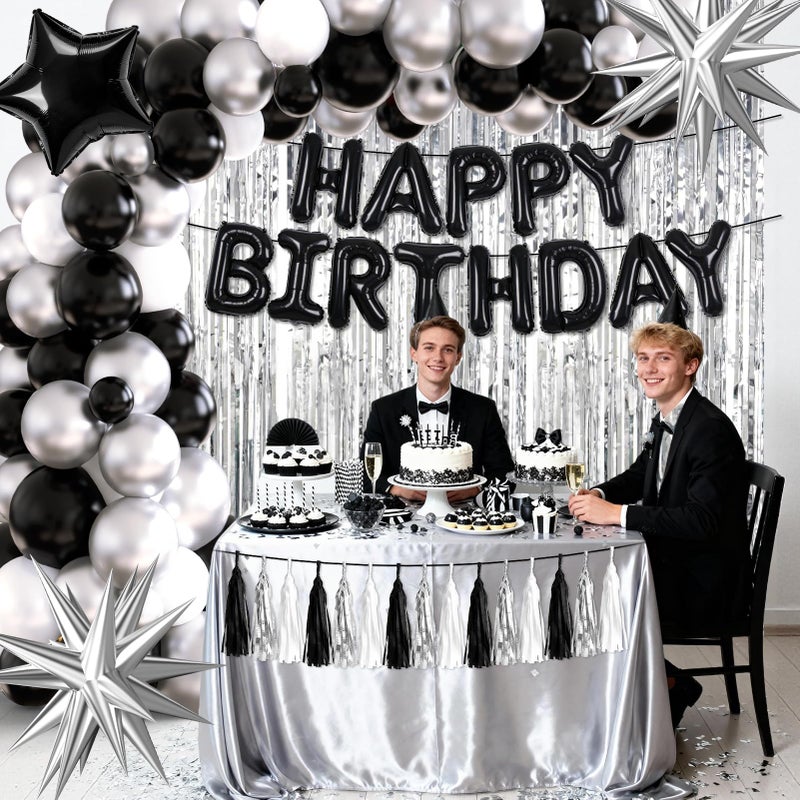 REDWORD Black Birthday Decorations, Black and Silver Birthday Decorations for Men Women Girls Including HAPPY BIRTHDAY Balloons Banner Foil and Latex Balloons Silver Fringe Curtains Tassels Garland - Image 5