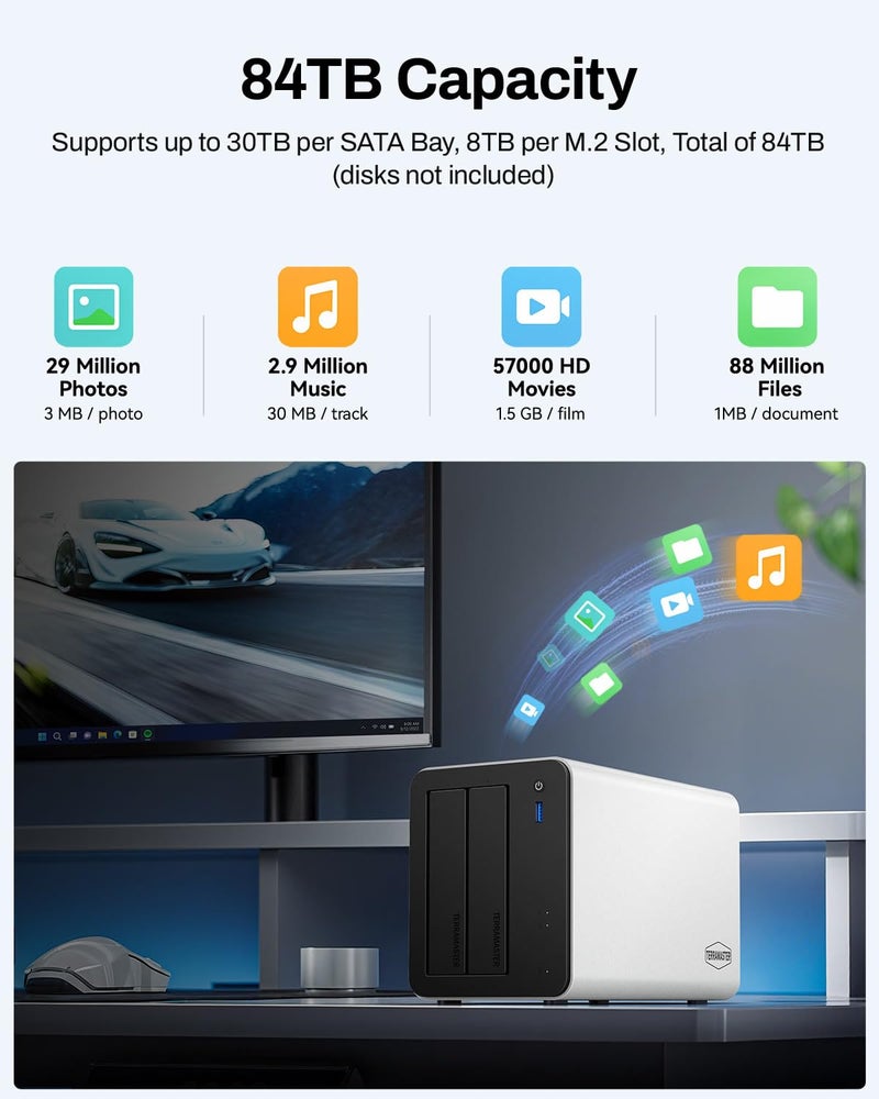 TERRAMASTER F2-425 Plus NAS Storage - 2Bay Intel N150 Quad-Core CPU, 8GB RAM DDR5, 5GbE LAN x 2, M.2 Slot x 3, Network Attached Storage for Teamwork, Multimedia Server (Diskless) - Image 5