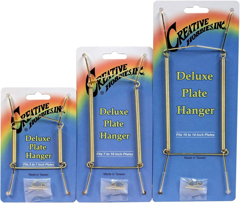 Creative Hobbies Deluxe Plate Display Hangers - 3 Different Sizes Assortment - Assembled & Ready to Use - Hang 5 to 14 Inch Plates - Gold Wire Spring Type, Hanger Hooks & Nails Included | Pack of 3 - Image 1