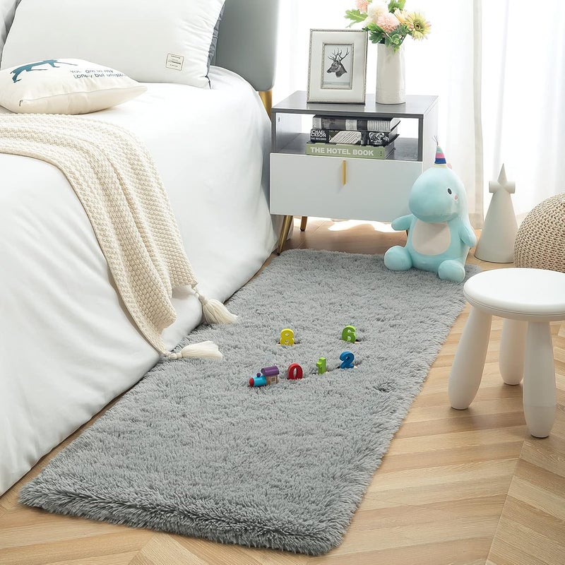 ISEAU Fluffy Runner Rug for Dorm, College, Apartment, Bedroom Plush Area Rugs, Shag Carpet with Rubber Backing Non Slip, Comfy Nursery Mat Bedside Rug for Kids Boys Room Home Decor, 2ft x 6ft, Grey - Image 5