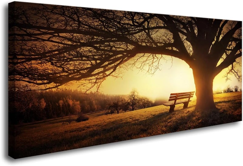 Muolunna Wall Art Decor Canvas Print Picture Big Trees in Sunset 1 Panel Golden Sunset Forest Natural Landscape Painting Artwork for Living Room Bedroom Office Home Wall Decor Framed Ready to Hang - Image 1