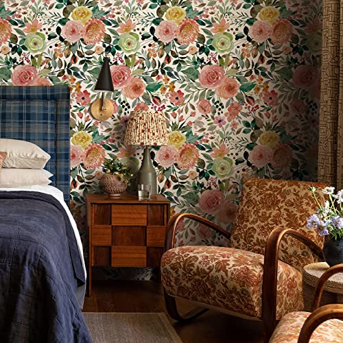 JiffDiff Floral Wallpaper Peel and Stick Pink Floral Wall Mural Removable Peony Roses Wallpaper Nursery Wall Decor (Camellia, 17.7" X 393.7") - Image 2