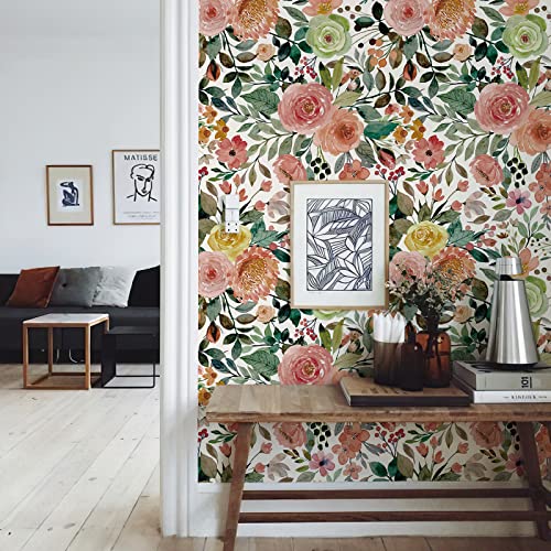 JiffDiff Floral Wallpaper Peel and Stick Pink Floral Wall Mural Removable Peony Roses Wallpaper Nursery Wall Decor (Camellia, 17.7" X 393.7") - Image 3