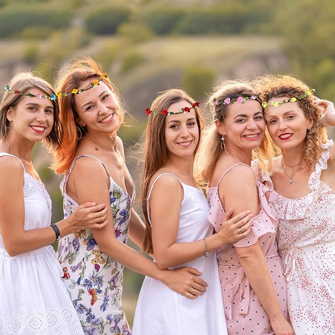 PLULON 6Pcs Flower Crown Headbands for Women Flower Crowns Hair Garland Floral Wreath Boho Headpiece for Girls Wedding Festival Hair Accessories