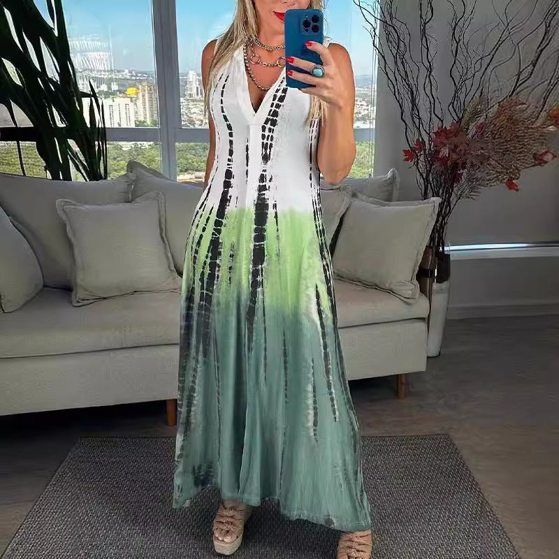 فستان ماكسي مطبوع بياقة V موضة 2024 كاجوال كوري - Image 4