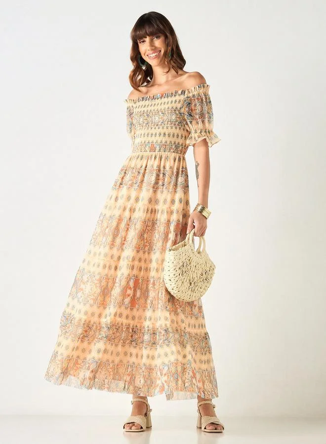 2Xtremz 2Xtremz All-Over Print Off Shoulder Dress with Shirred Detail