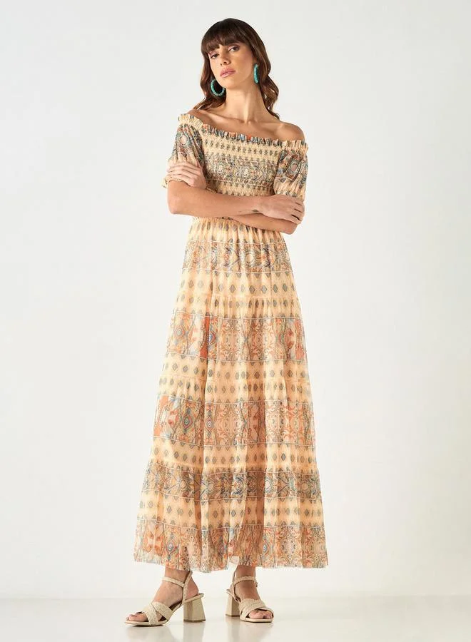 2Xtremz 2Xtremz All-Over Print Off Shoulder Dress with Shirred Detail
