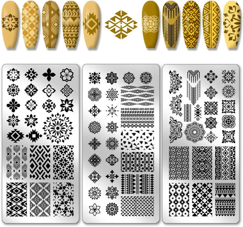 PH PandaHall 3pcs Bohemian Nail Stamping Plates Flower Nails Art Stencils Geometric Texture Nail Art Templates Ethnic Styles Nails Design Stamp Plate with Stamper and Scrape for Women Design Manicure