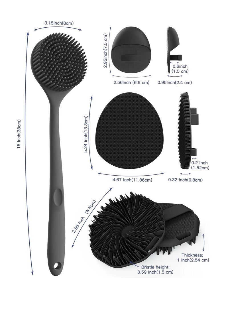 Manmihealth Manmihealth Silicone Back Scrubber & Soft Bath Glove Set 4 PCS(Thick Bristles), Super-Exfoliating Body Scrubber & Super-Lathering Shower Brush Combination, with 2 Free Hooks (Black) - Image 2