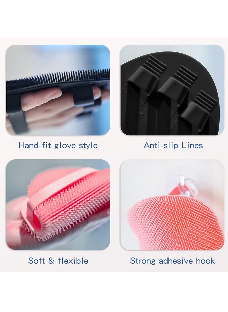 Manmihealth Manmihealth Silicone Back Scrubber & Soft Bath Glove Set 4 PCS(Thick Bristles), Super-Exfoliating Body Scrubber & Super-Lathering Shower Brush Combination, with 2 Free Hooks (Black) - Image 3