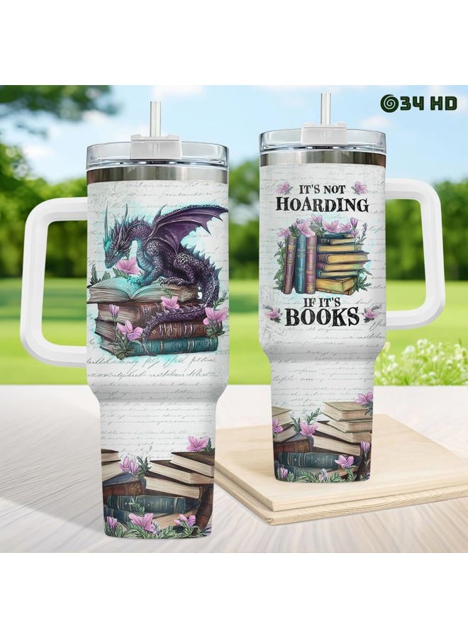 34HD Book Dragon Tumbler 40oz, Stainless Steel Coffee Mug with Handle and Straw, Fantasy Book Lover Gifts, Reading Enthusiast Cup, Funny Reader Travel Mug - Image 5