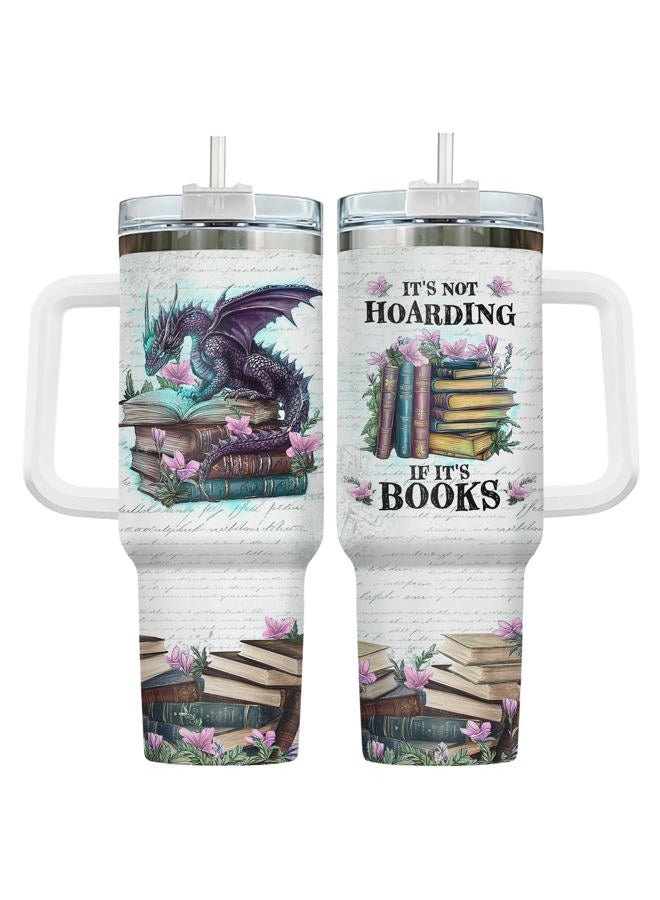 34HD Book Dragon Tumbler 40oz, Stainless Steel Coffee Mug with Handle and Straw, Fantasy Book Lover Gifts, Reading Enthusiast Cup, Funny Reader Travel Mug - Image 1