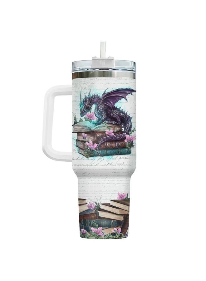 34HD Book Dragon Tumbler 40oz, Stainless Steel Coffee Mug with Handle and Straw, Fantasy Book Lover Gifts, Reading Enthusiast Cup, Funny Reader Travel Mug - Image 2