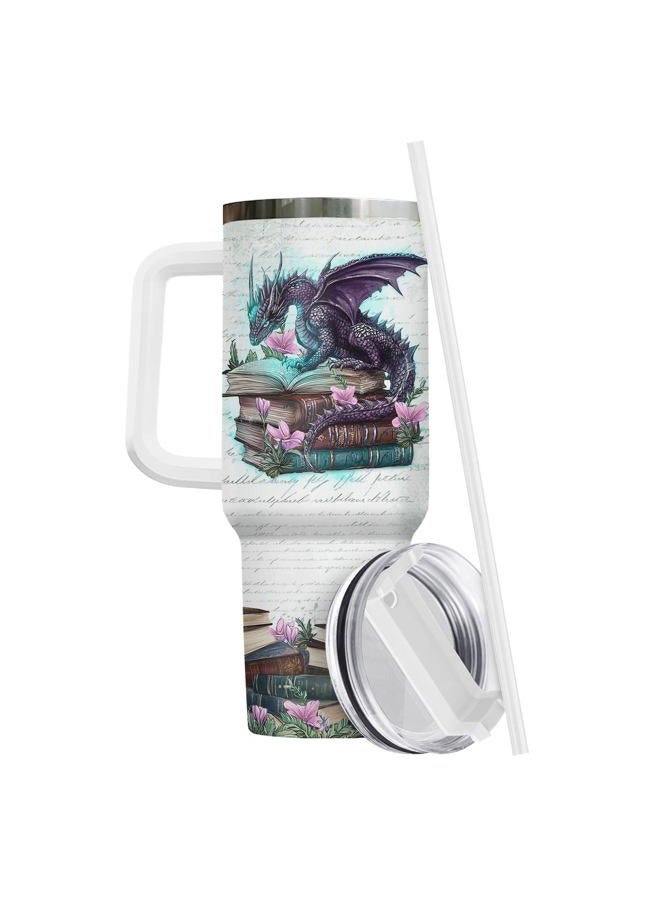 34HD Book Dragon Tumbler 40oz, Stainless Steel Coffee Mug with Handle and Straw, Fantasy Book Lover Gifts, Reading Enthusiast Cup, Funny Reader Travel Mug - Image 3
