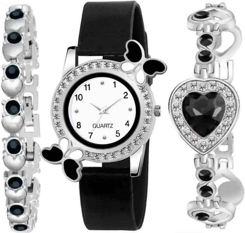 Acnos Silicone White Dial Diamond Pink Analog Watch With Diamond Bracelet For Girl Best Design Butterfly Combo 3 Pack Of 3, Black Band - Image 1