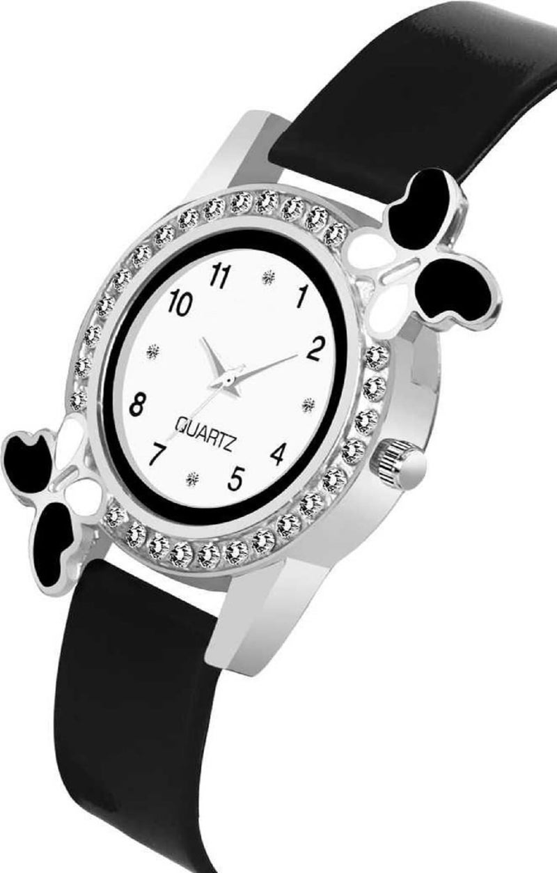 Acnos Silicone White Dial Diamond Pink Analog Watch With Diamond Bracelet For Girl Best Design Butterfly Combo 3 Pack Of 3, Black Band - Image 4
