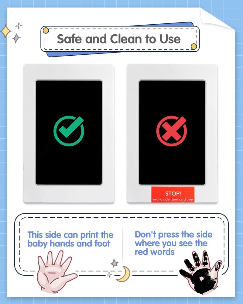 MOXTOYU Baby Handprint and Footprint Photo Frame Kit, 2 Clean-Touch Baby Handprint Ink Pads with 6 Imprint Cards, Non-Toxic to Newborn Baby, Baby Footprint Kit with 4 Cute Clips, Perfect Baby Gift - Image 2