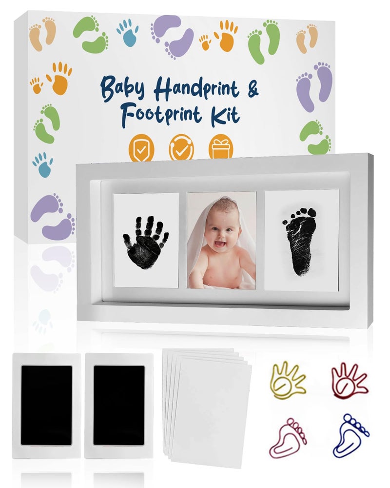 MOXTOYU Baby Handprint and Footprint Photo Frame Kit, 2 Clean-Touch Baby Handprint Ink Pads with 6 Imprint Cards, Non-Toxic to Newborn Baby, Baby Footprint Kit with 4 Cute Clips, Perfect Baby Gift - Image 1