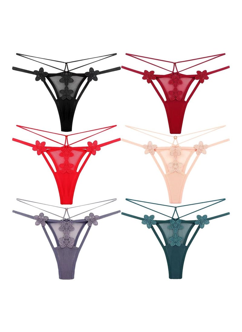 Zeemey - Zeemey 6 Pack Womens Charming Floral Lace Breathable Stretch G-String Thongs Panties Underwear Low Rise T-Back Underpants - Image 1