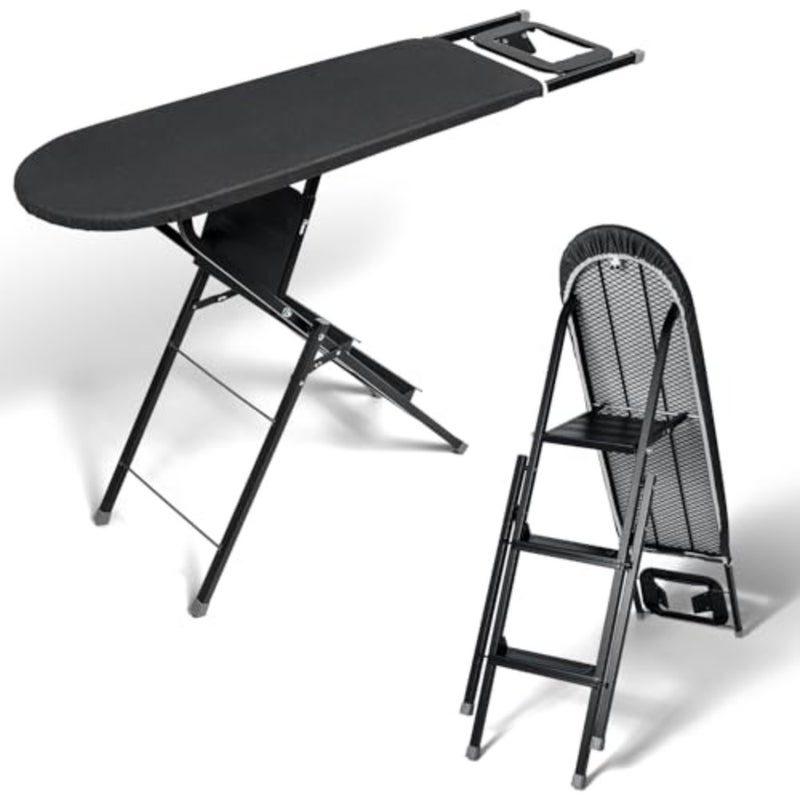 2-in-1 Foldable Ironing Board with Step Ladder Space Saving Design, Built-in Iron Rest, Mesh Back Support, Black - Image 1
