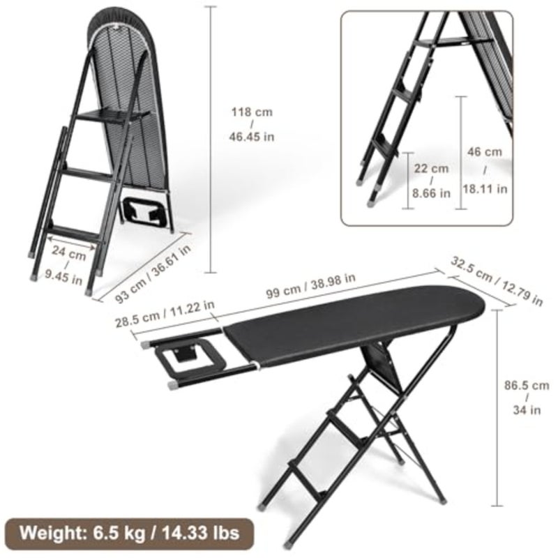 2-in-1 Foldable Ironing Board with Step Ladder Space Saving Design, Built-in Iron Rest, Mesh Back Support, Black - Image 2