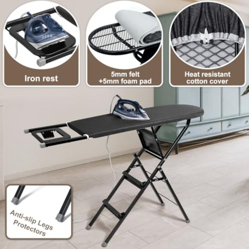 2-in-1 Foldable Ironing Board with Step Ladder Space Saving Design, Built-in Iron Rest, Mesh Back Support, Black - Image 4