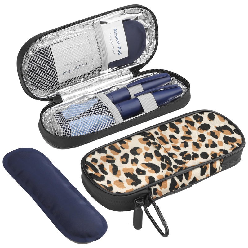 Gelozid Insulin Cooler Travel Case Diabetic Medication Insulated Cool Organizer with 2 Reusable Ice Packs for Insulin Pen and Other Diabetic Supplies for The Daily Life and Trip Leopard Print