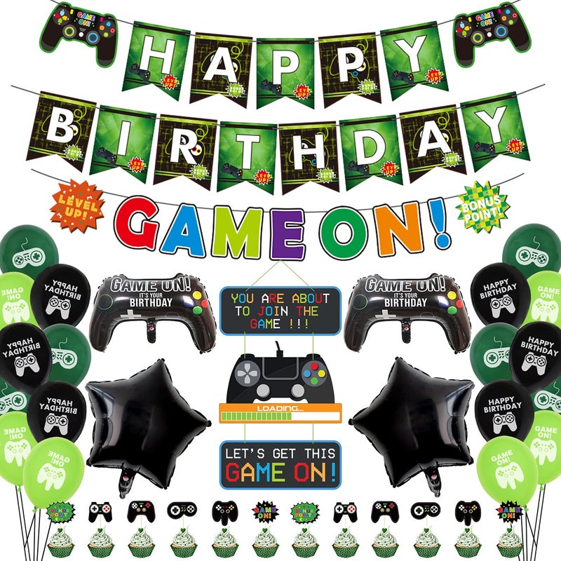 Inspireyee Video Game Party Decorations, Including Happy Birthday Banners, GAME ON Flag, Loading Hanging Decor, Video Game Theme Balloons, Cake Toppers for Kids, Boys and Girls Birthday Party (A) - Image 1