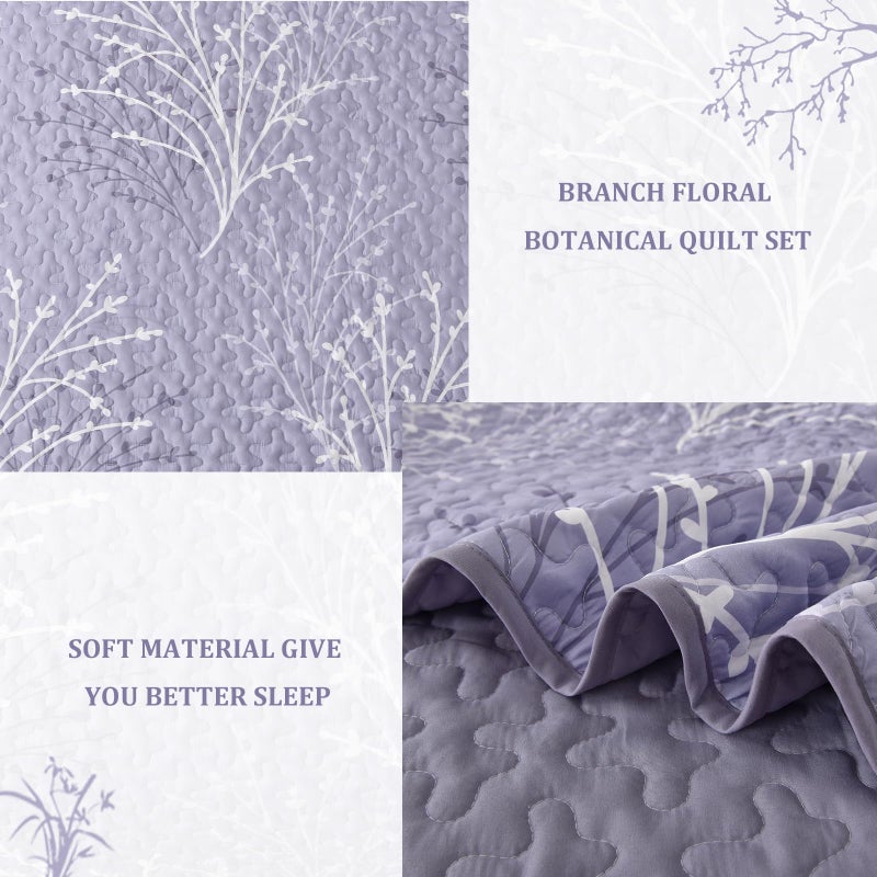 Djy Purple Quilt Set Queen Size - Branch Botanical Pattern Bedspread Coverlet Set  3 Pieces Lavender Purple Floral Quilt Bedding Set  Soft Microfiber Summer Quilt For All Season  96''X90'' - Image 5