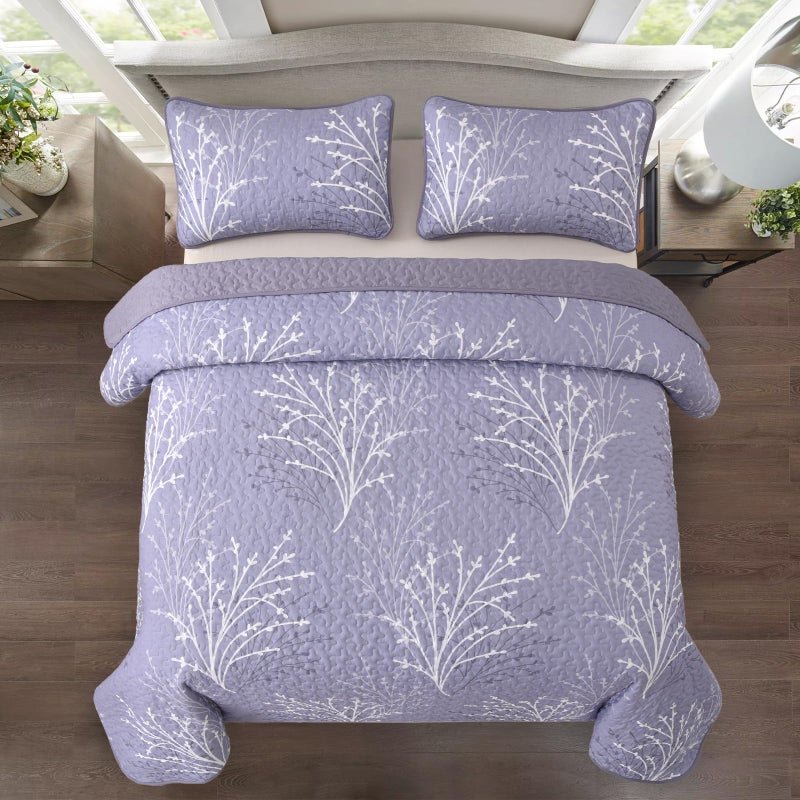 Djy Purple Quilt Set Queen Size - Branch Botanical Pattern Bedspread Coverlet Set  3 Pieces Lavender Purple Floral Quilt Bedding Set  Soft Microfiber Summer Quilt For All Season  96''X90'' - Image 3