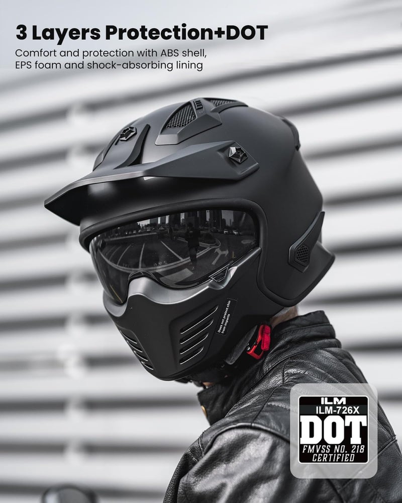 ILM Open Face Motorcycle 3/4 Half Helmet for Dirt Bike Moped ATV UTV Motocross Cruiser Scooter DOT Model 726X(Matte Black,2XL) - Image 4