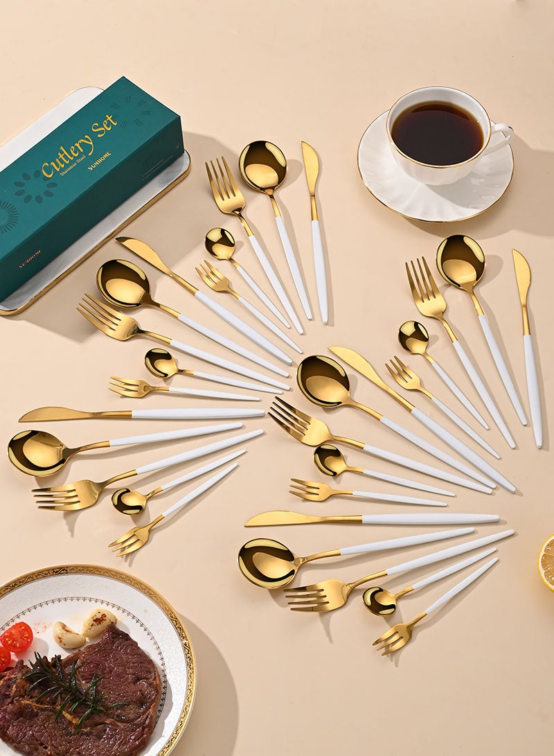 Sunhome SUNHOME 30-Piece Stainless Steel Cutlery Set Kitchen Utensil Set Western Tableware Suitable For Home Kitchen Restaurant Hotel Party Dining Picnic Dining Exquisite Packaging Gift White/Gold  - Image 2