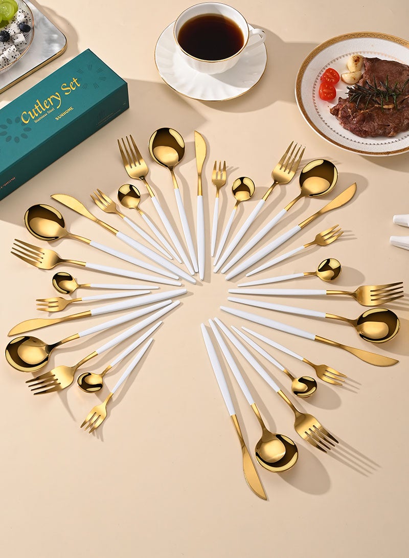 Sunhome SUNHOME 30-Piece Stainless Steel Cutlery Set Kitchen Utensil Set Western Tableware Suitable For Home Kitchen Restaurant Hotel Party Dining Picnic Dining Exquisite Packaging Gift White/Gold  - Image 5