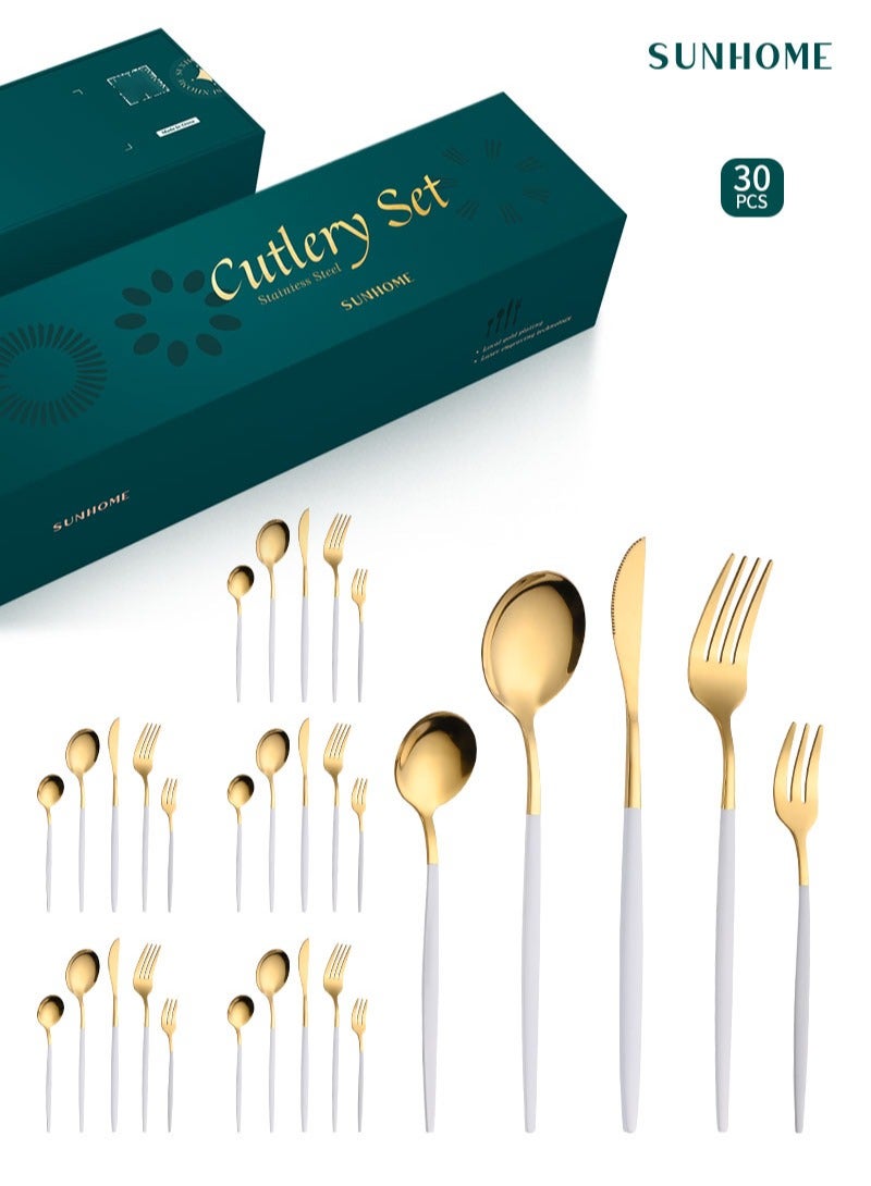 Sunhome SUNHOME 30-Piece Stainless Steel Cutlery Set Kitchen Utensil Set Western Tableware Suitable For Home Kitchen Restaurant Hotel Party Dining Picnic Dining Exquisite Packaging Gift White/Gold  - Image 1