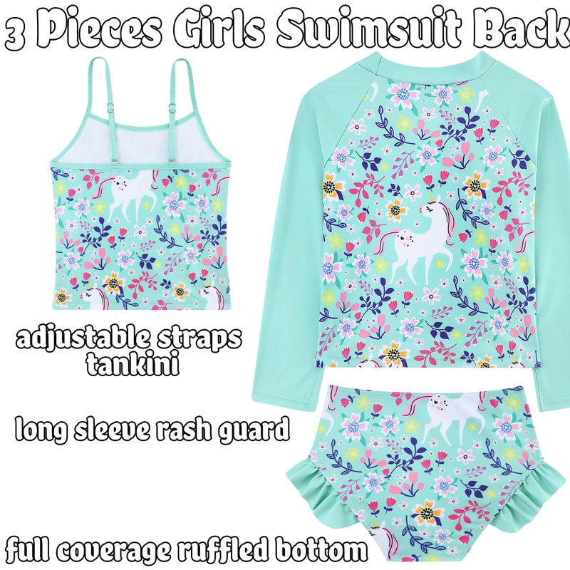 swimsobo Little Girl Unicorn Swimsuits for 3T 4T Kids 3-Piece Rash Guard Bathing Suit Sun Protection Tankini Green Swimwear - Image 5