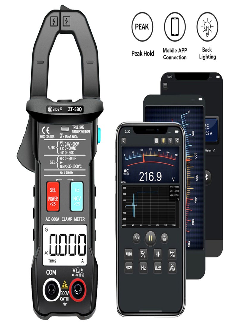 BSIDE ZT-5BQ 6000 Counts High Precision NCV Test Digital Smart Clamp Meter with BT Function True RMS Clamp Type Multimeter Measuring DC/AC Voltage AC Current Resistance Capacitance Frequency Inrush Current Diode and Continuity Peak Hold Flashlight -3 - Image 2