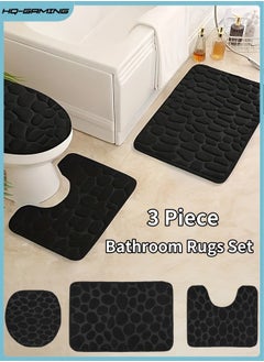 HQ-GAMING Bathroom Rugs Sets 3 Piece, Cobblestone Flannel Bathroom Mats Set Extra Thick, Non Slip Bath Mats for Bathroom, Water Absorbent, Washable Bath Rugs for Tub, Toilet and Floor (Black)  - Image 1