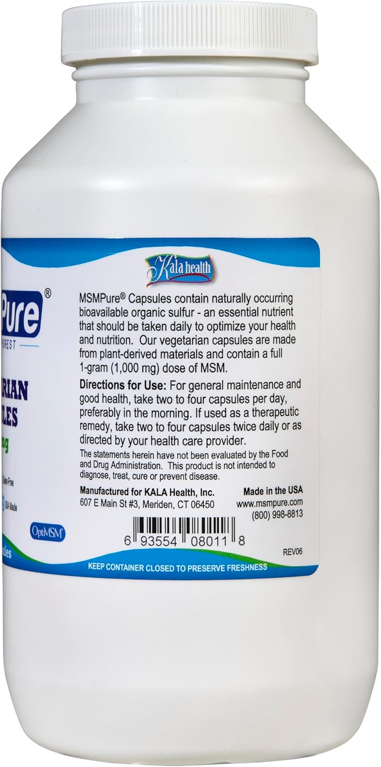 KALA HEALTH MSMPure MSM Vegetarian Capsules  1000 mg USMade MSM per Capsule for Joint Health Skin Appearance Hair  Nail Support  250 Count Organic Sulfur - Image 2