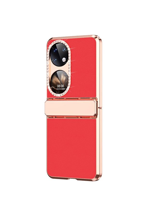 S-TOP Case For Huawei P50 Pocket Plated Plain Leather Folding Phone Case with Hinge - Image 2